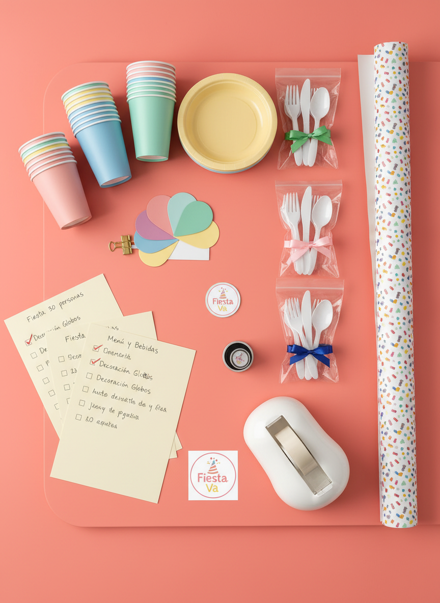 An overhead view of a meticulously organized party planning workspace for an online order, without any electronic devices. On a bright coral desk with softly rounded edges, there are checklists in Spanish with titles like “Fiesta 30 personas,” stacks of color-coordinated plates and cups, sample balloon color swatches, and sealed clear bags containing pre-counted cutlery sets. A roll of wrapping paper with confetti patterns and a tape dispenser shaped with curved, friendly contours sit nearby. Diffused, even studio lighting eliminates harsh contrast, producing subtle, soft shadows and a clean, photographic look. The composition uses asymmetrical balance with elements radiating from the lower left, creating a mood that is energetic yet organized, emphasizing how easy it is to plan for specific guest counts with Fiesta Va.