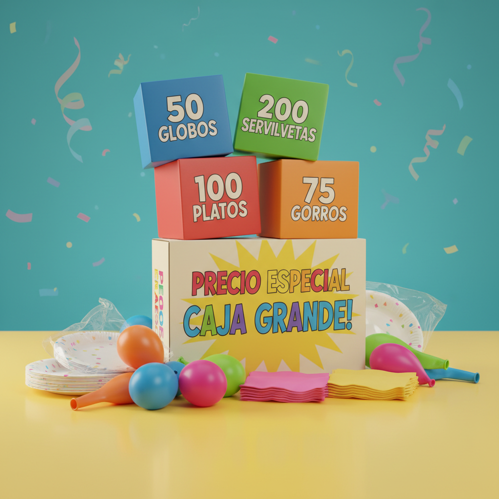 A whimsical composition of bulk party supplies emphasizing special box pricing. Sturdy, semi-gloss cardboard cartons labeled with bold, colorful typography like “50 GLOBOS,” “100 PLATOS” sit stacked in a playful, staggered tower on a smooth, yellow surface. Around the base, loose balloons, shrink-wrapped stacks of plates, and bundles of napkins spill out slightly, suggesting abundance. The background is a solid, contrasting turquoise with faint graphic confetti shapes. Warm studio lighting from the left creates soft, rounded shadows and highlights the textures of cardboard, plastic, and latex. Captured from a low, slightly tilted angle for a dynamic feel, the image has sharp focus and a vibrant, photographic style, conveying value, volume, and festive excitement for large events.