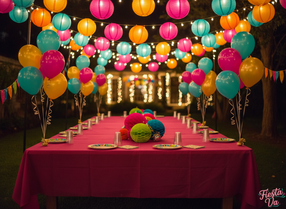 A night-time backyard party scene focused purely on decor elements provided by Fiesta Va, with no people or food. Paper lanterns and string lights crisscross overhead, casting a warm, twinkling glow over a long table covered in a vivid magenta cloth. On the table, colorful paper plates, plastic cups, and napkins are arranged in repeating patterns, with clusters of helium balloons anchored at intervals. Rounded, playful centerpieces made from honeycomb tissue balls and metallic confetti catch the light. The background fades into soft bokeh of distant lights and garlands. Shot at a slightly elevated angle with a moderate depth of field, the photographic realism, warm lighting, and lively colors create an inviting, celebratory atmosphere, highlighting how Fiesta Va decor transforms any space.