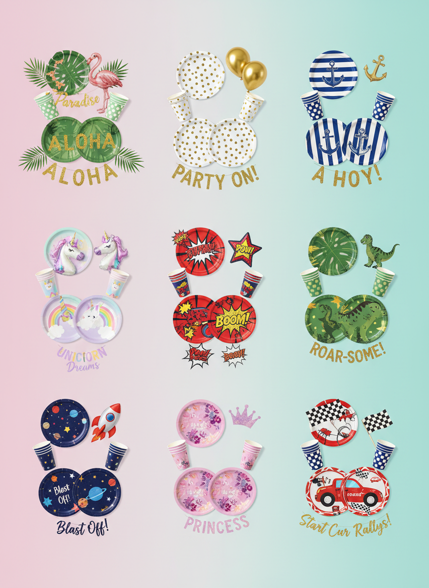 A neatly arranged product grid of different party themes on a smooth, pastel gradient background that shifts from soft pink to light teal. Each theme is represented by a small cluster: matching plates, cups, napkins, balloons, and a mini banner, all in coordinated colors and patterns like tropical leaves, metallic gold dots, or bold stripes. The items are spaced evenly in a playful yet organized layout, with rounded forms and curved edges emphasized. Overhead, diffused studio lighting ensures there are no harsh shadows, just gentle shading that defines shapes and glossy highlights on metallic details. Shot from a straight top-down perspective with sharp focus, the mood is fun, modern, and catalog-like, perfect for showcasing variety in Fiesta Va’s online store.