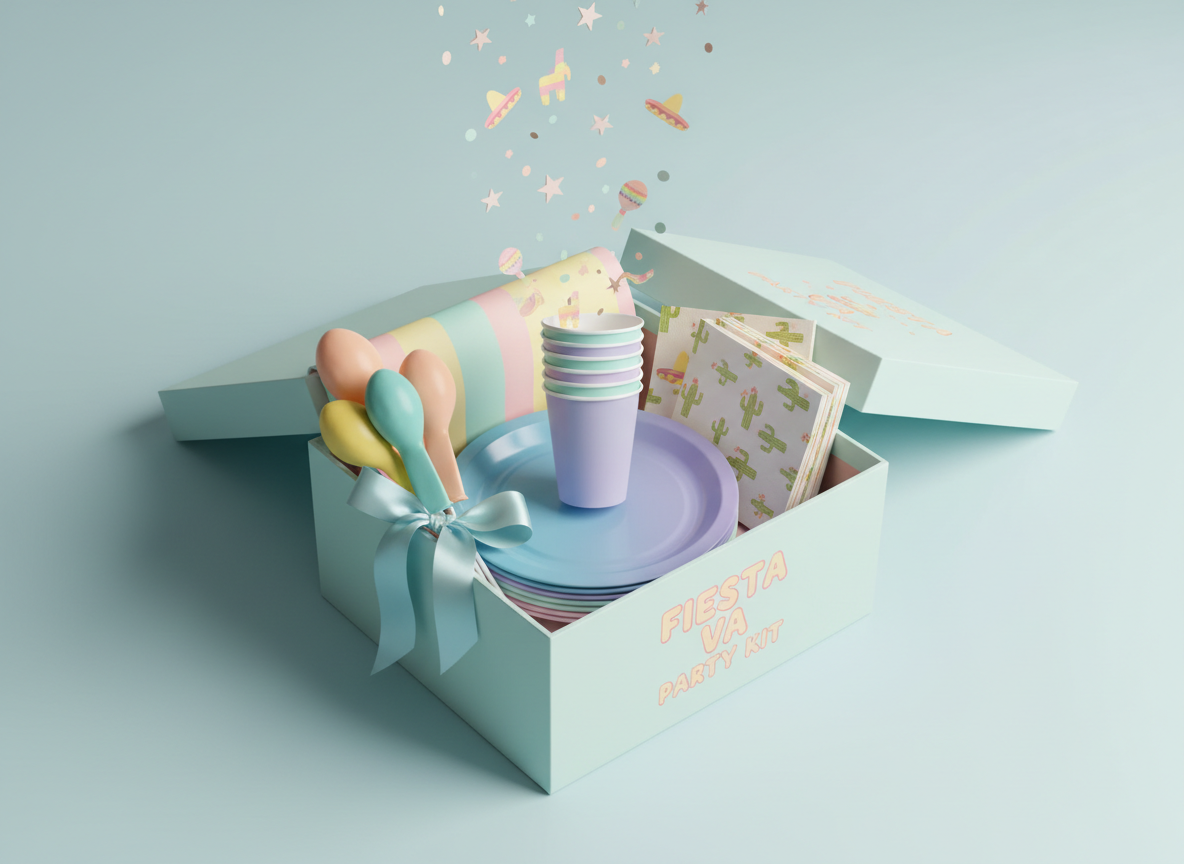 A whimsical “unboxing” moment of a Fiesta Va party kit shown without hands. A just-opened, pastel-colored box with rounded edges sits on a smooth, pale blue surface, its lid leaning back to reveal carefully layered contents: folded banner, stacked plates, cups nested together, napkins fanned out, and deflated balloons tied with a ribbon. Small paper stars and confetti shapes appear to float upward as if animated, but rendered in photographic realism. Soft, directional studio lighting from the right casts gentle shadows inside the box and highlights glossy surfaces. Captured from a three-quarter overhead angle with shallow depth of field, the front contents are crisp while the box edges blur slightly, creating a magical, playful mood that suggests excitement and surprise with every delivery.