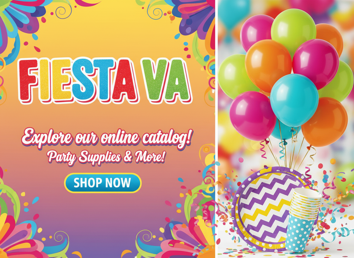 Colorful banner-style image for Fiesta Va inviting visitors to explore the online catalog, with party supplies like balloons, plates and confetti on the right side and space for text on the left, bright and fun composition